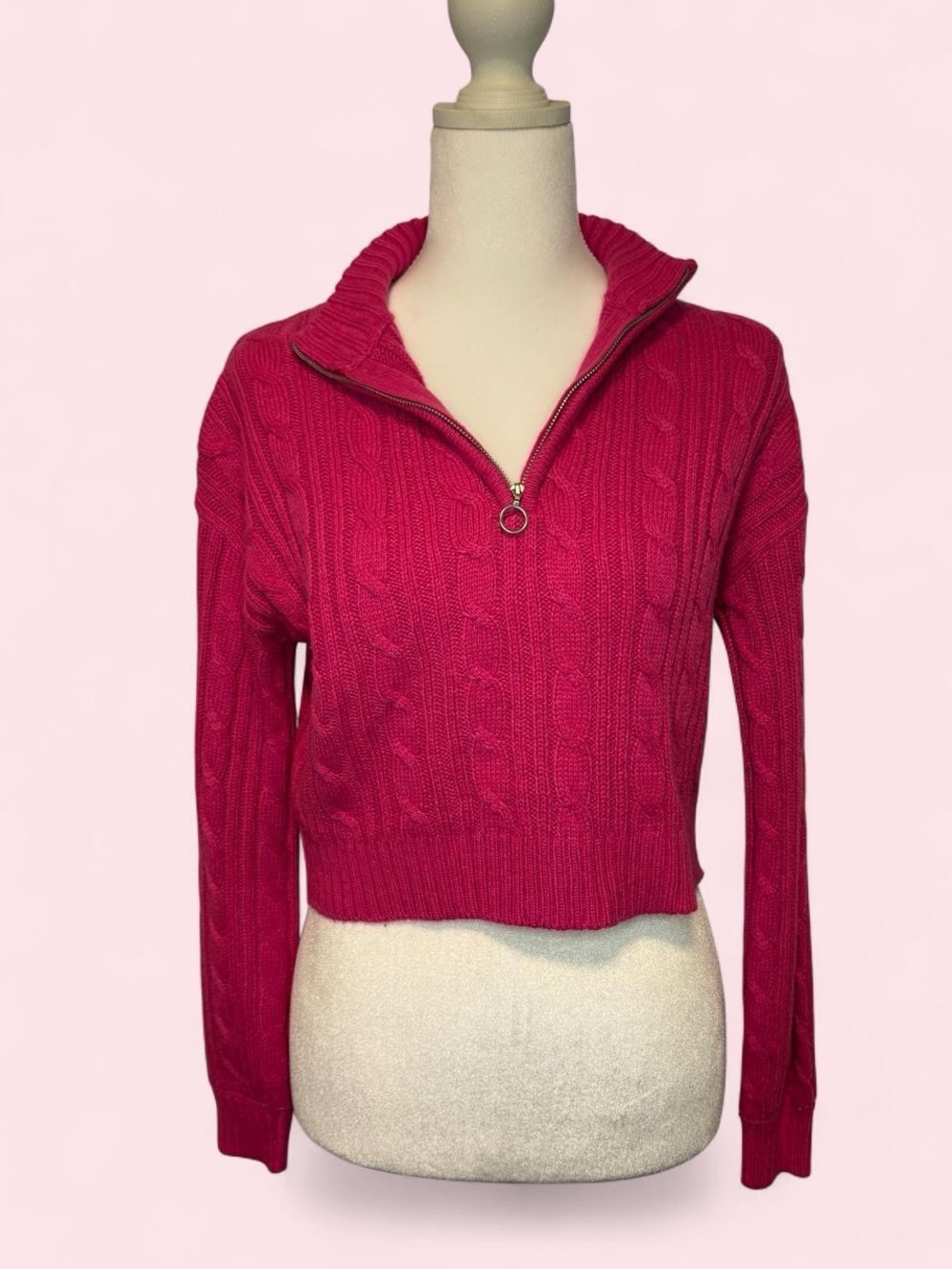 Women's Cable Knit Half-Zip Sweater - Hot Pink